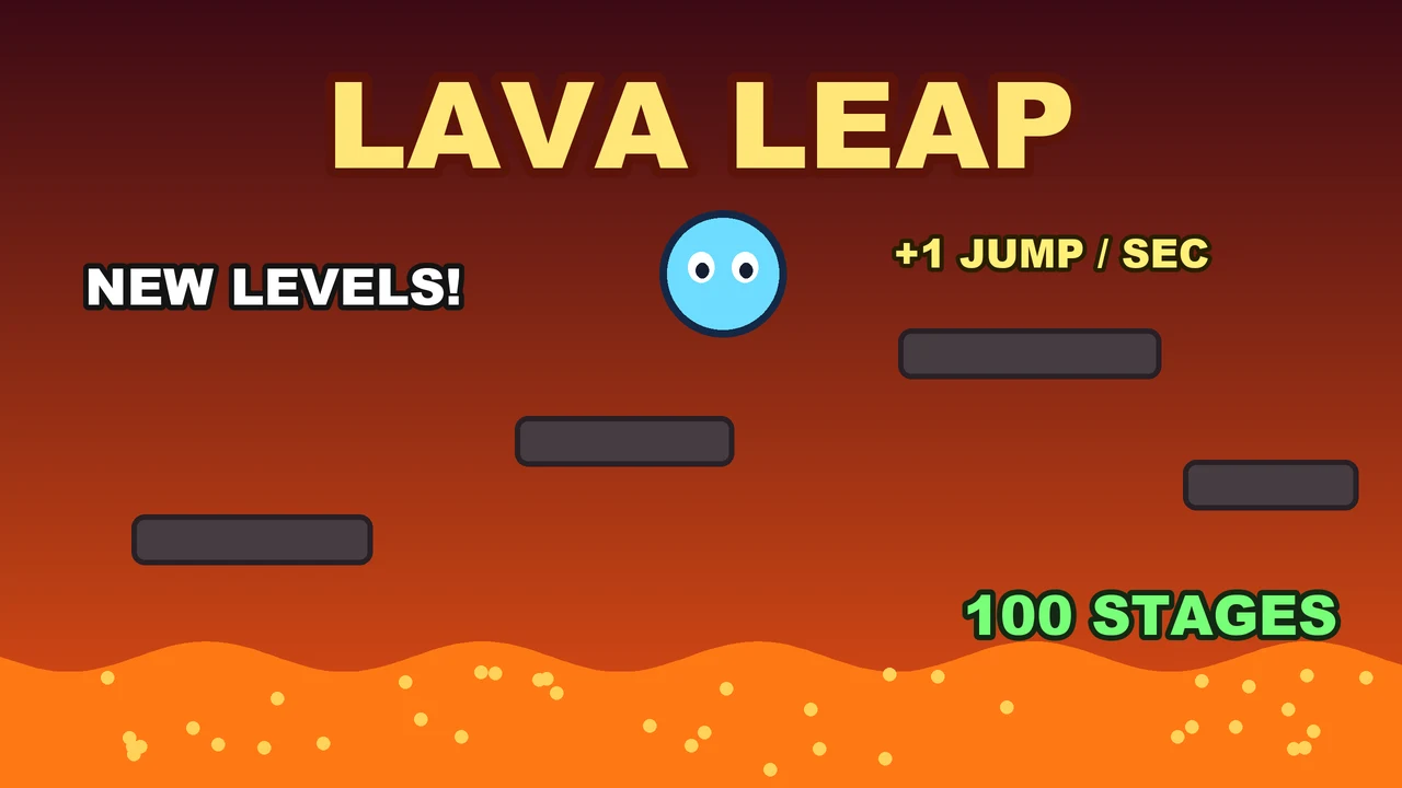 “NEW LEVELS!”, “+1 JUMP / SEC” and “100 STAGES” are extra text.